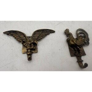 Vintage TRAVCO Brass Wall Hooks Eagle & Rooster Farmhouse Key Hooks Pair
